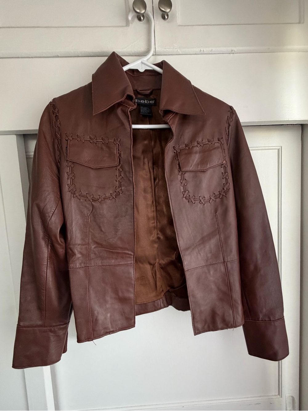 bebe Brown Genuine Leather Jacket with Decorative Stitch Pockets